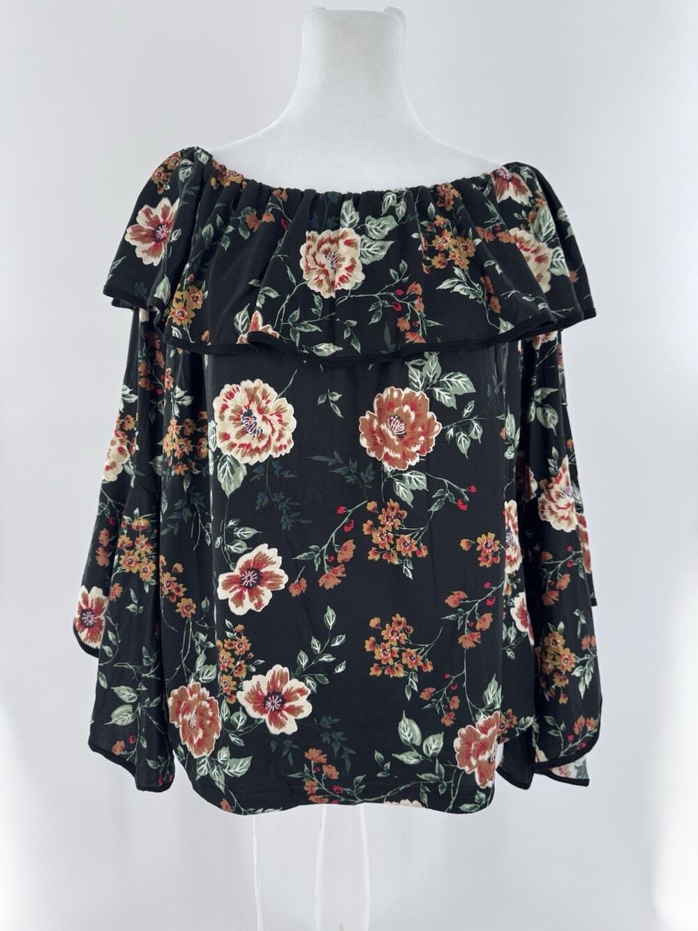 Roommates Blouse Sz L Floral Ruffle Off Shoulder Flounce Fairy Bell Sleeves NWT